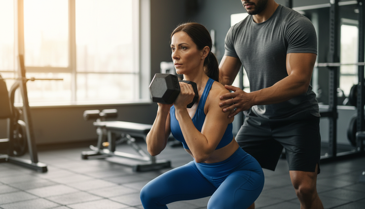 Close-up view of a trainer coaching a controlled dumbbell squat
