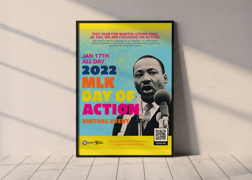 Event poster for MLK Day of Action with an image of Dr. Martin Luther King, Jr