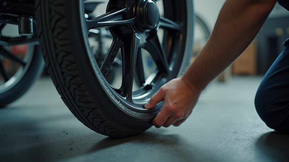 Close-up view of a wheelchair tire being inspected