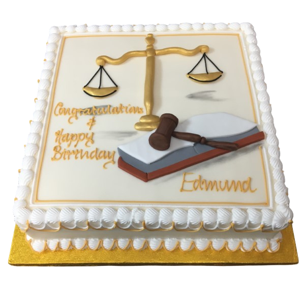 Square graduation cake with mortarboard and legal-themed decorations, perfect for celebrating a law graduate's achievement.