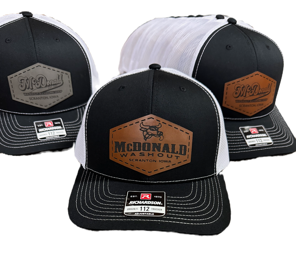 Black and white McDonald Warhous trucker hats
