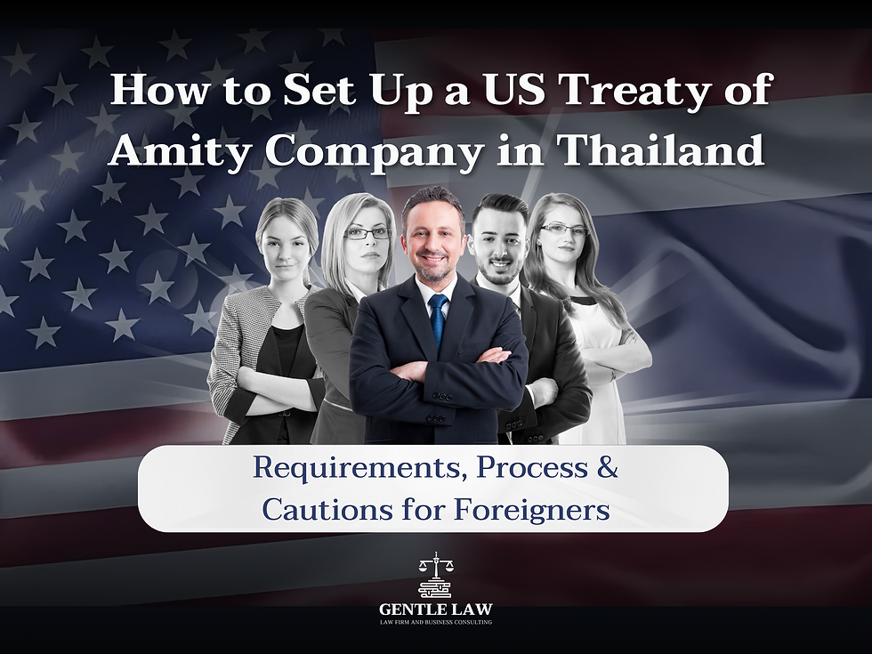 Business professionals stand in front of U.S. flag. Text: "How to Set Up a US Treaty of Amity Company in Thailand." Mood: professional.