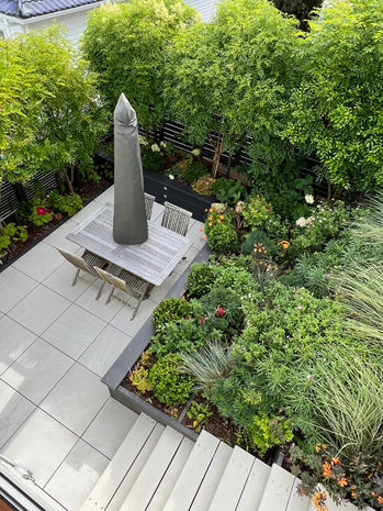 Stairs down through terraced gardens to a lower patio