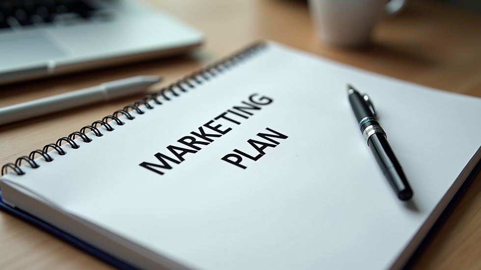 High angle view of a marketing plan notebook with notes and a pen
