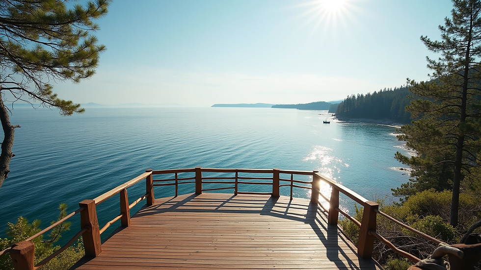 High angle view of a lakefront deck overlooking Lake Superior