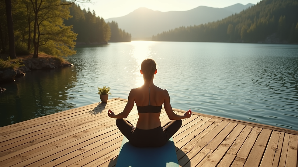 High angle view of a peaceful yoga session on a wooden deck overlooking the lake