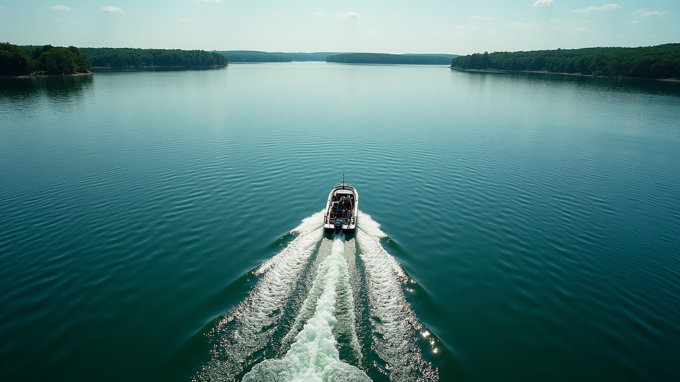 High angle view of a boat cruising on Lake of the Ozarks with clear blue water