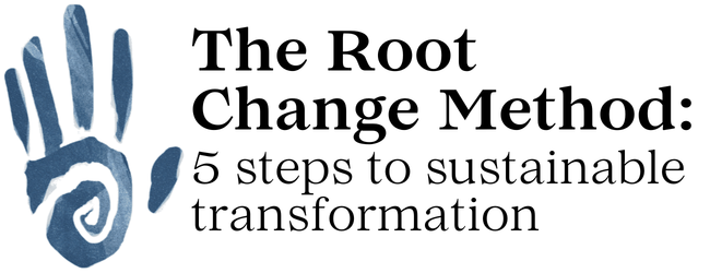 A handprint with a spiral design next to text: "The Root Change Method: 5 steps to sustainable transformation" on a white background.