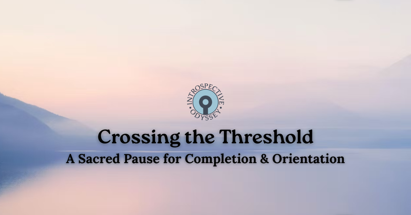 A serene, misty landscape with soft pastel hues of pink and blue. Text reads "Crossing the Threshold