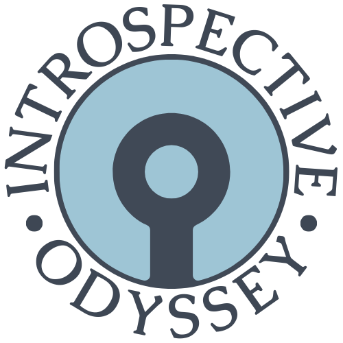 A blue and black circular logo with the words "Introspective Odyssey" around a central abstract design resembling a keyhole, evoking curiosity.