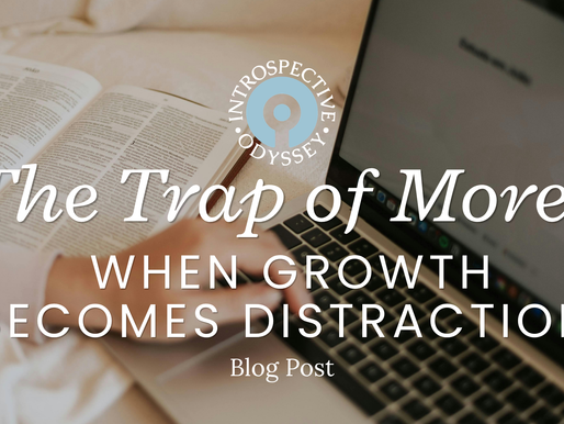 Open book and laptop on bed; hand touches laptop. Text: The Trap of More: When Growth Becomes Distraction. Blog post header. Cozy mood.