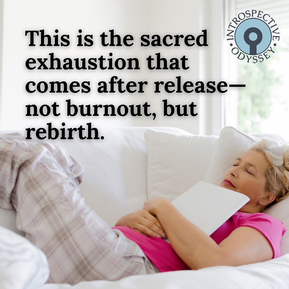 Woman resting on a white sofa, holding a tablet, with text about sacred exhaustion on a calm background. Logo says Introspective Odyssey.