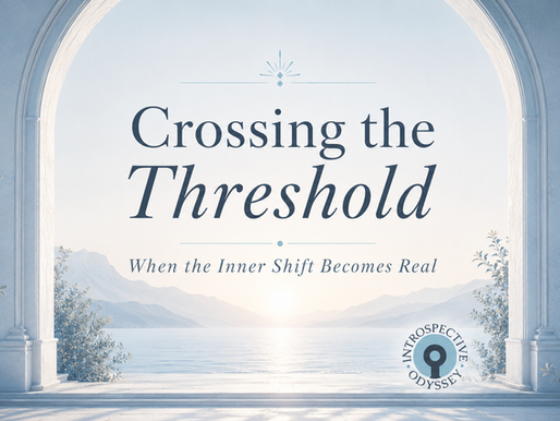 Soft blue arched doorway opening to a calm lake and misty mountains, with the title “Crossing the Threshold: When the Inner Shift Becomes Real” and the Introspective Odyssey logo.