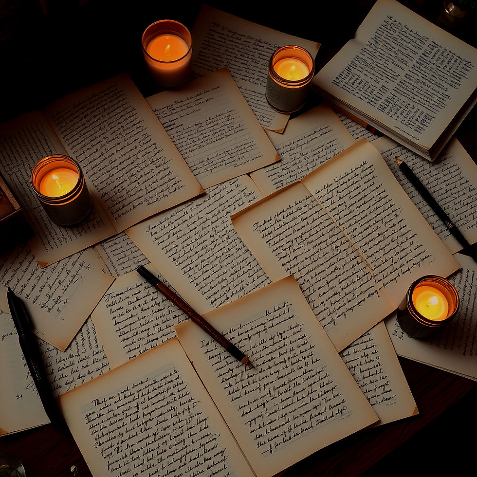 handwritten pages strewn across a desk with candles burning in muted warm colours.jpg