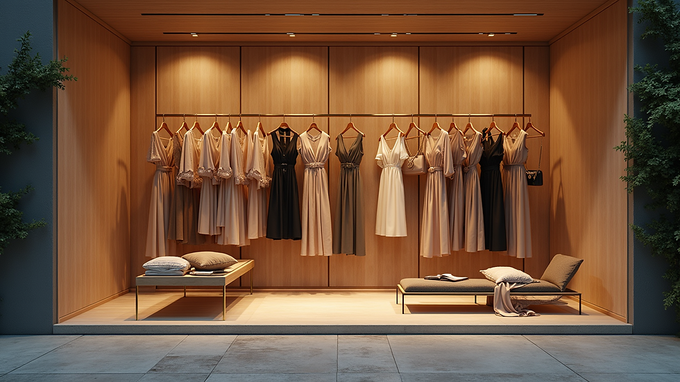 Vue en plongée d'une boutique élégante avec des robes de soirée suspendues