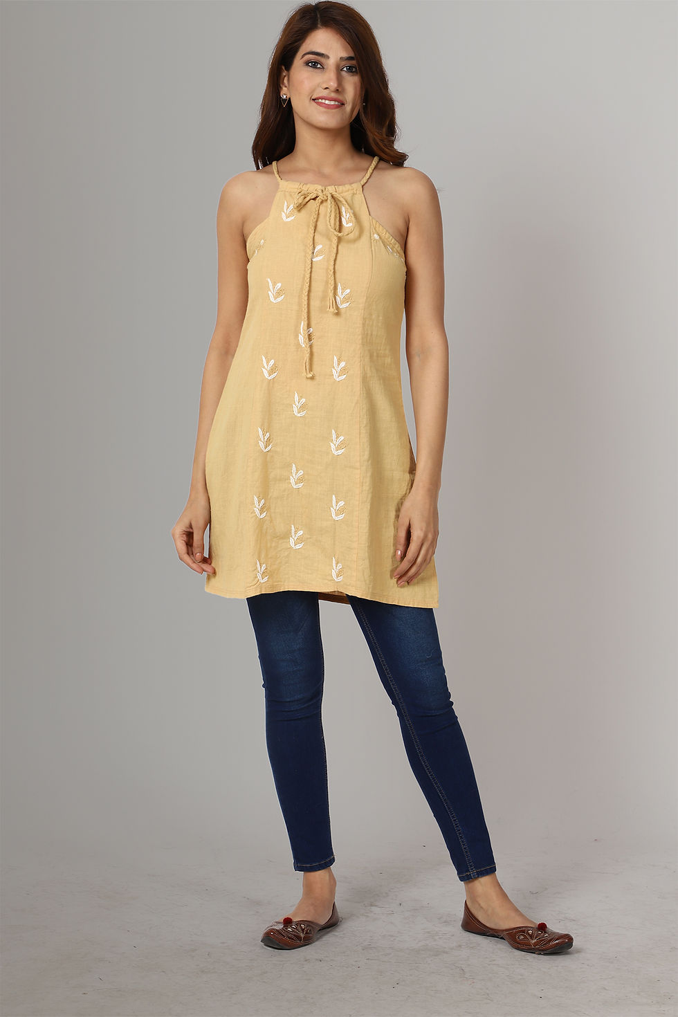 Thumbnail: SARAUSI A-Line off shoulder Chikankari  handloom Cotton dress