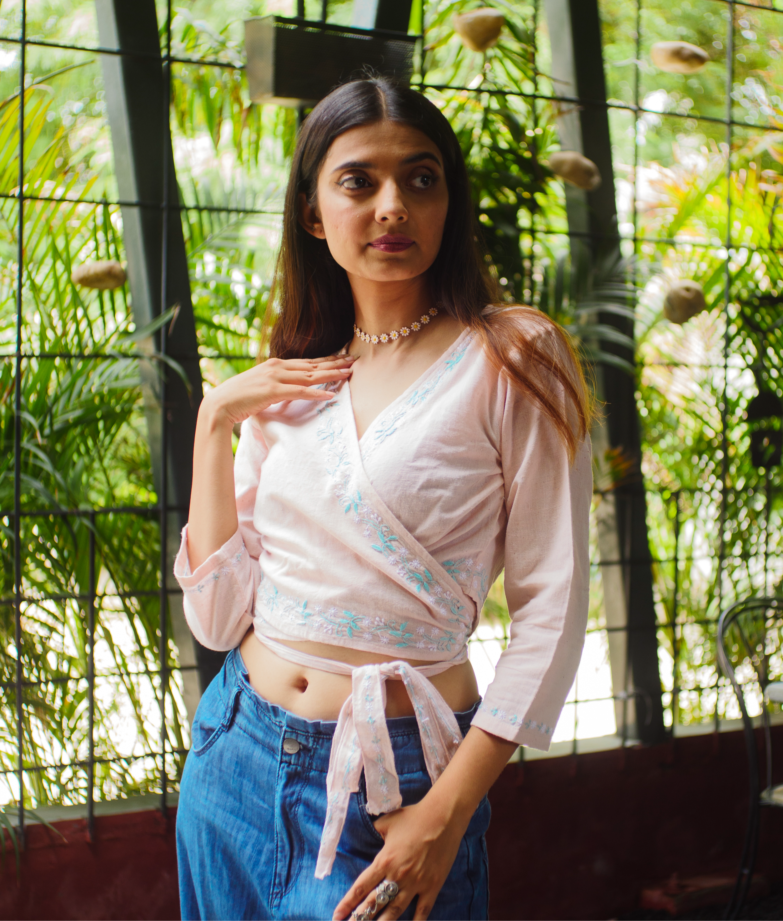 Lalita Light pink handloom cotton 3/4 sleeves crop top