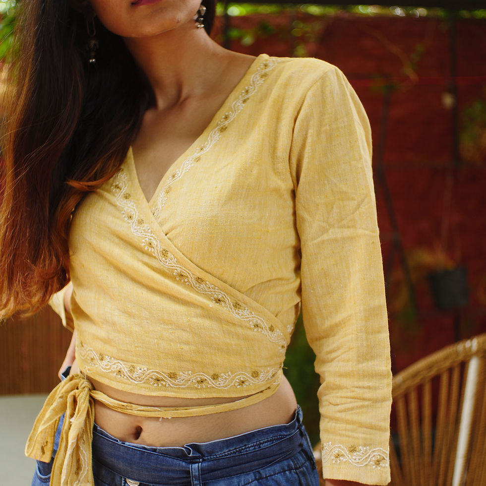 Thumbnail: Lalita Yellow handloom cotton 3/4 sleeves crop top