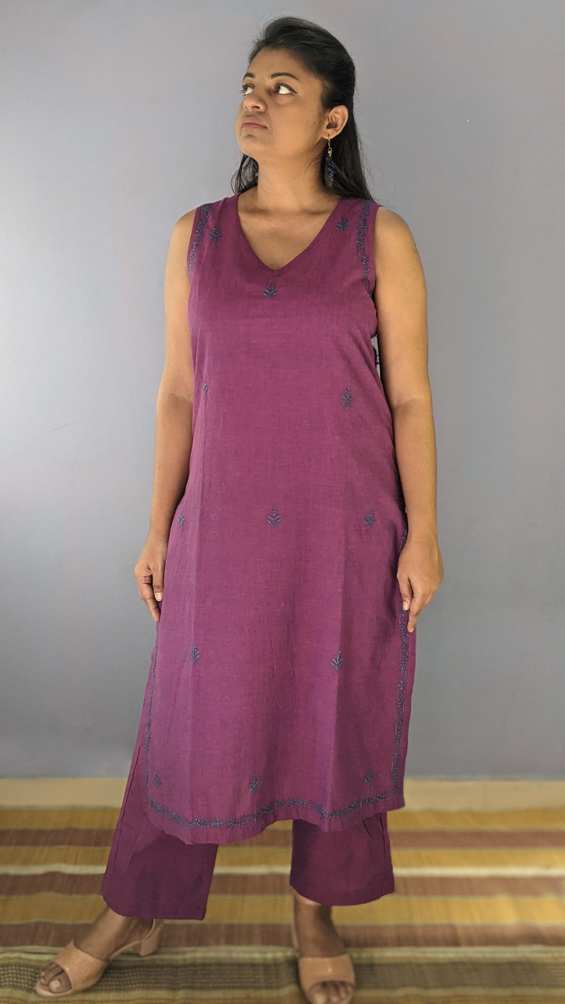 Purple south cotton sleeveless Chikankari kurta with pants