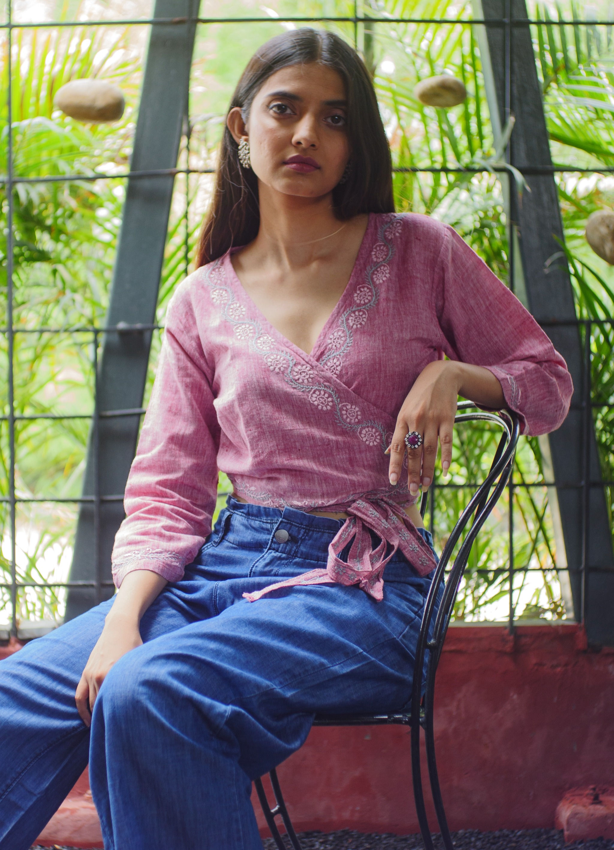 Lalita Maroon handloom cotton 3/4 sleeves crop top