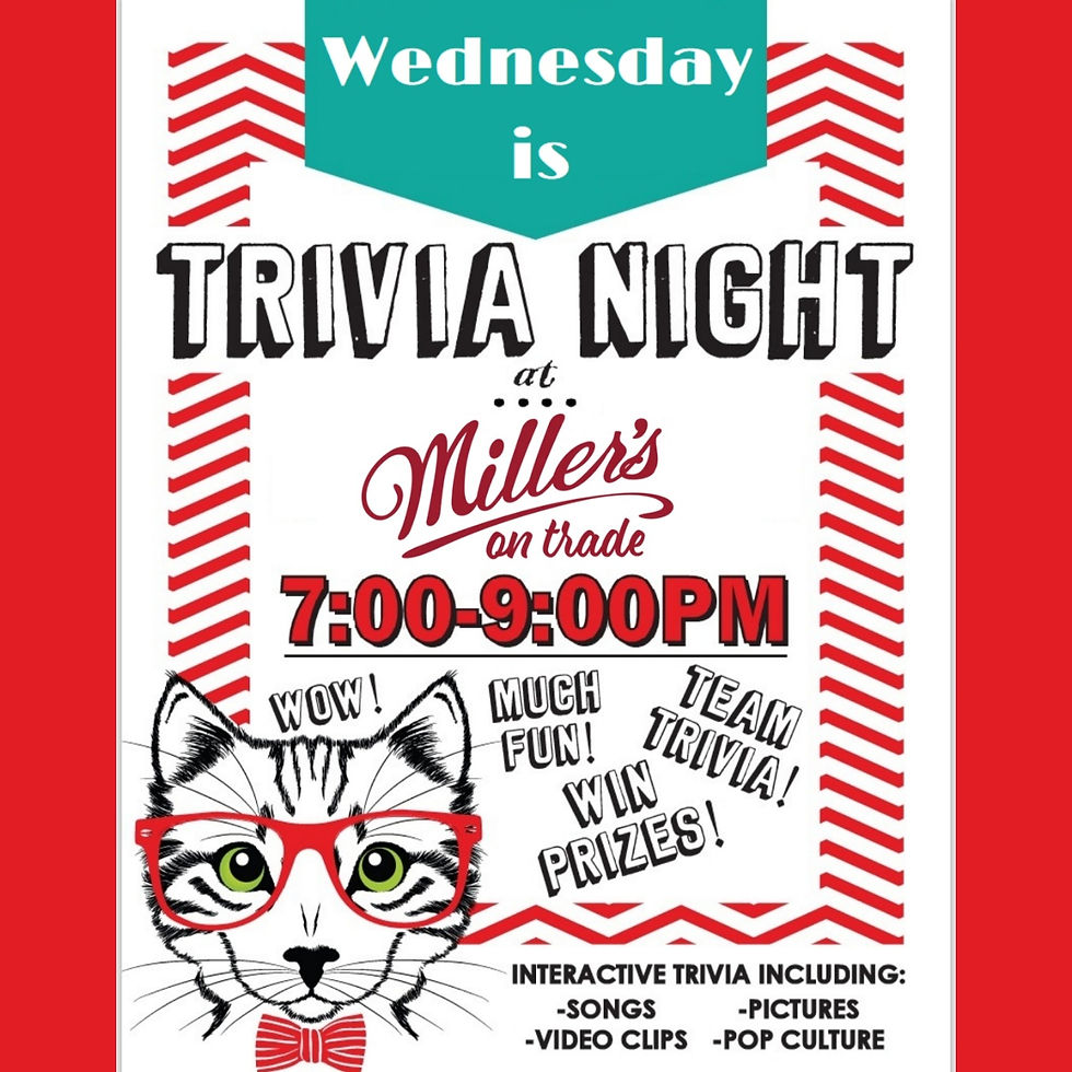 TRIVIA NIGHT! WEDNESDAY'S AT MILLER'S ON TRADE!