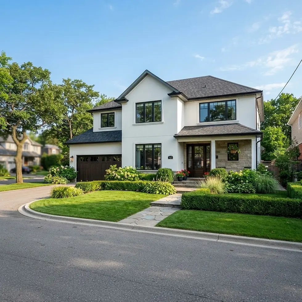 Architectural photography of a two-story modern suburban home with a white exterior, dark roof, and lush green landscaping. It captures a sunny day in a quiet residential neighborhood.
