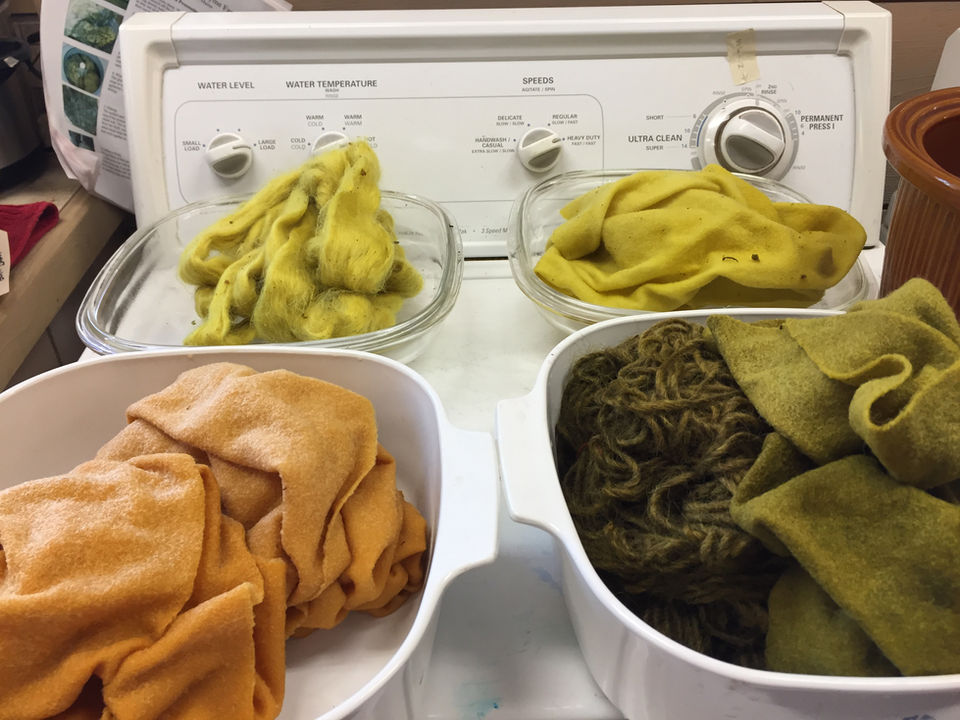 green, yellow and pink naturally dyed wool fabric for rug hooking