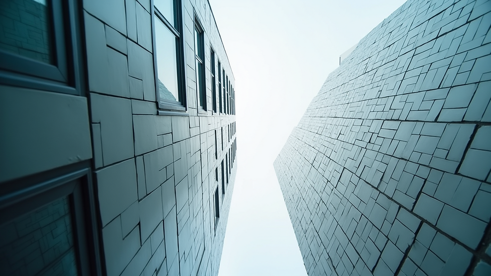 Eye-level view of modern architectural building with geometric facade