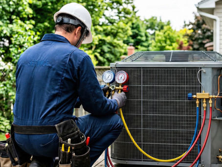 HVAC technician inspecting and diagnosing an outdoor air conditioning unit