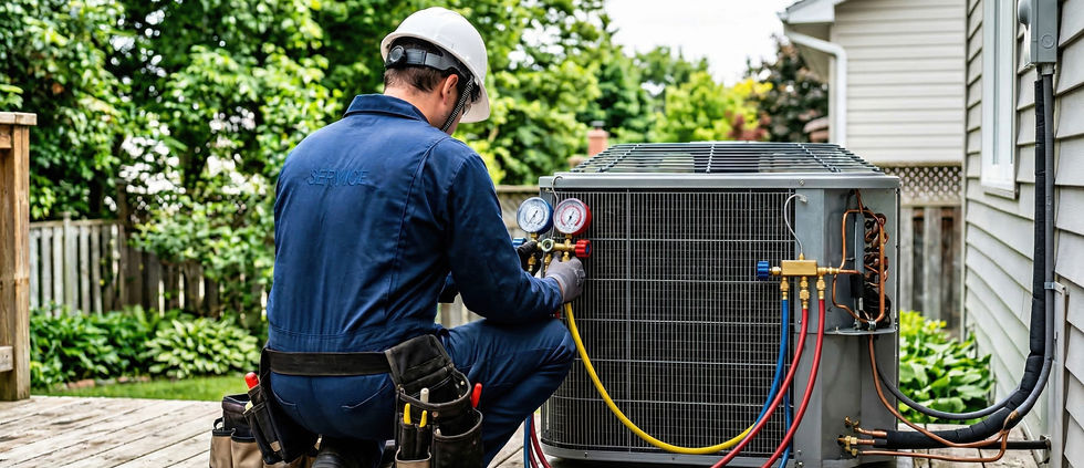 HVAC technician inspecting and diagnosing an outdoor air conditioning unit