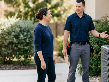 HVAC maintenance technician discussing air conditioner service with a homeowner beside an outdoor AC unit in a residential yard.