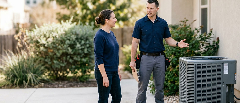 HVAC maintenance technician discussing air conditioner service with a homeowner beside an outdoor AC unit in a residential yard.