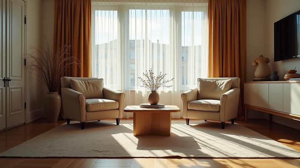 Eye-level view of a cozy living room with two chairs and a coffee table