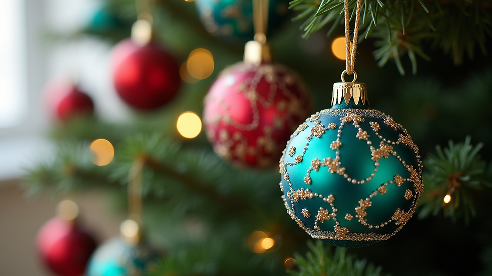 Close-up view of colorful DIY Christmas ornaments