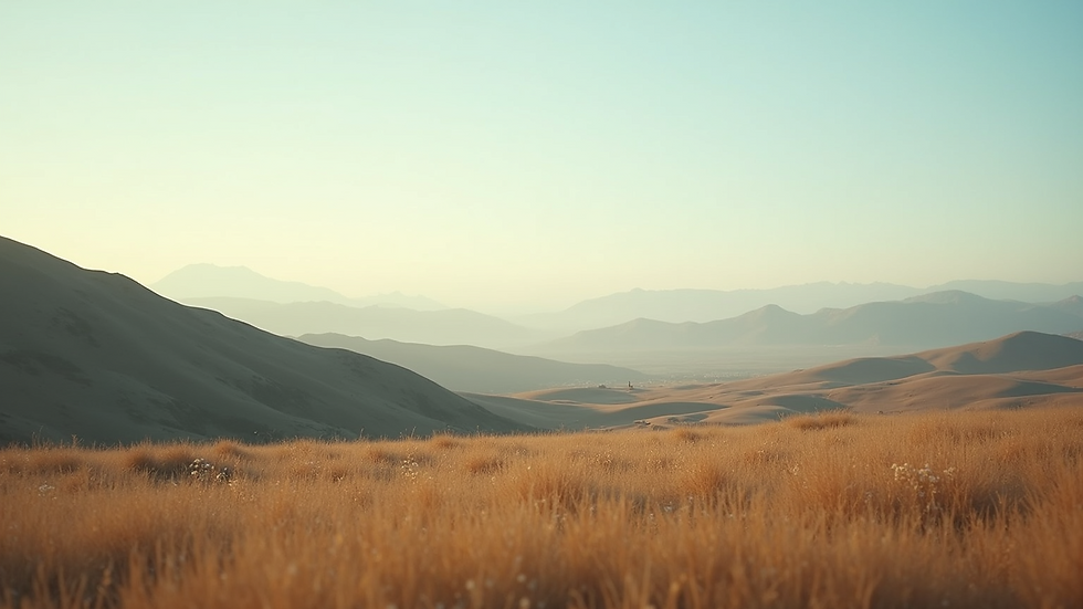 Eye-level view of a serene landscape with gentle hills and a calming sky