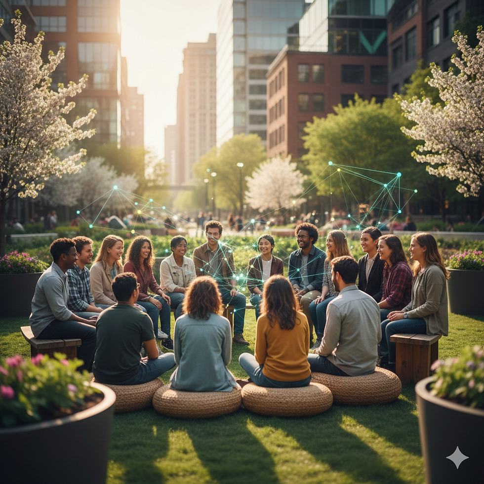 A diverse group sits in a circle on grass in a park, connected by digital network lines. Cherry blossoms and city buildings surround them.