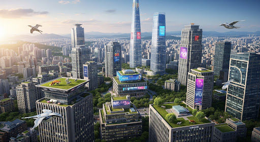 Futuristic cityscape with skyscrapers and digital billboards. Birds fly above buildings with green rooftops, under a clear blue sky.