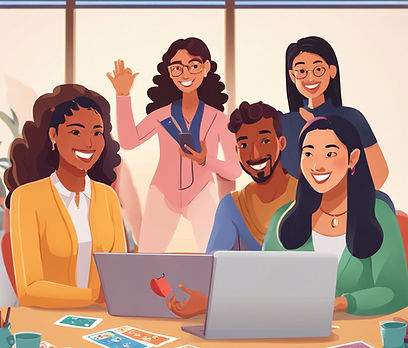 A group of 4 women and one men who are white, Asian and Indian. This group is sitting and 