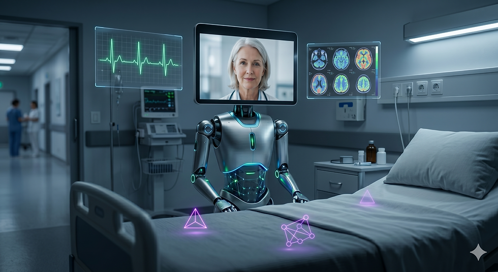 Robot doctor with a screen displaying a woman’s face in a hospital room, monitoring heart rate and brain scans. Purple graphics hover.