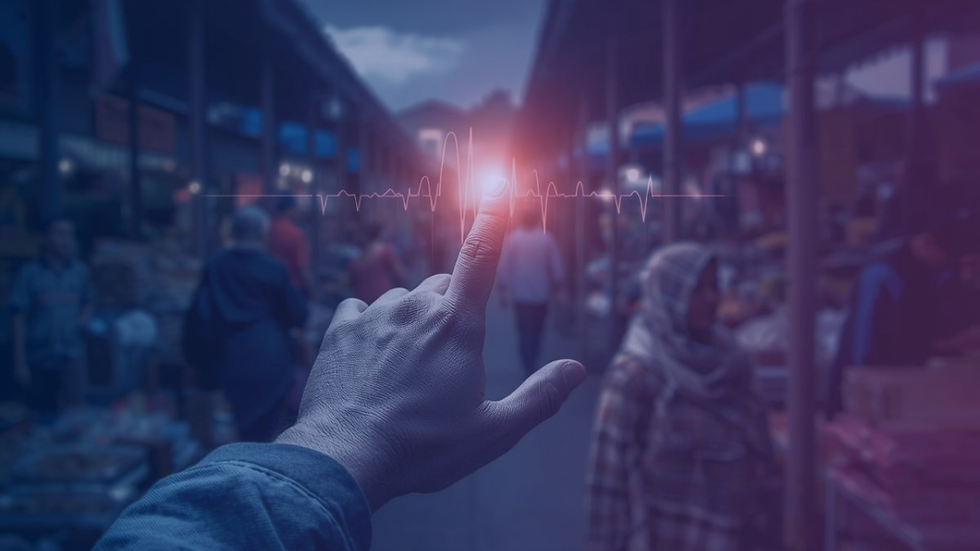 A hand touches a glowing heart rate line in a busy market. Blurred people, stalls, and a moody, dimly lit atmosphere surround the scene.
