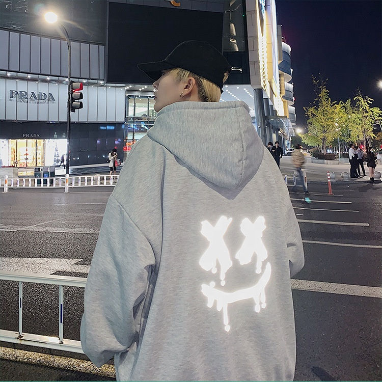 Thumbnail: Loose Large Size Hooded Smiley Reflective Men Graphic Hoodies