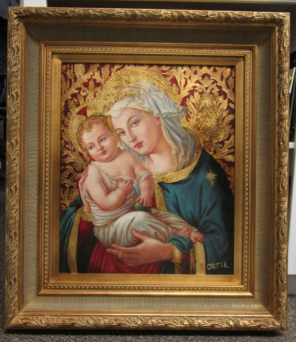 Madonna and Child painting by Ortiz Blessed Mother holding Jesus gold background Catholic art