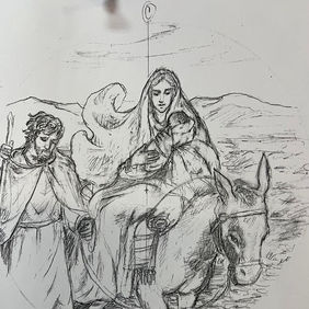 Black-and-white Flight into Egypt mural sketch for Our Lady of the Assumption Catholic Church