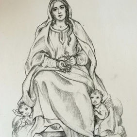 Black-and-white sketch of custom Mary Undoer of Knots statue for St. Gabriel Catholic School Chapel