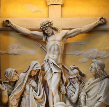 Custom-designed and cast Stations of the Cross by liturgical designer Rolf Rohn, featuring gold accents and a contemporary style, completing the sacred space at St. John Vianney Catholic Church in Houston, Texas.