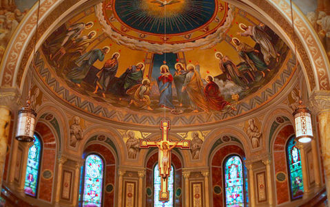 Restored apse murals by Gonippo Raggi with surrounding decorative work at St. John’s Catholic Seminary, Brighton, MA, by Rohn & Associates.