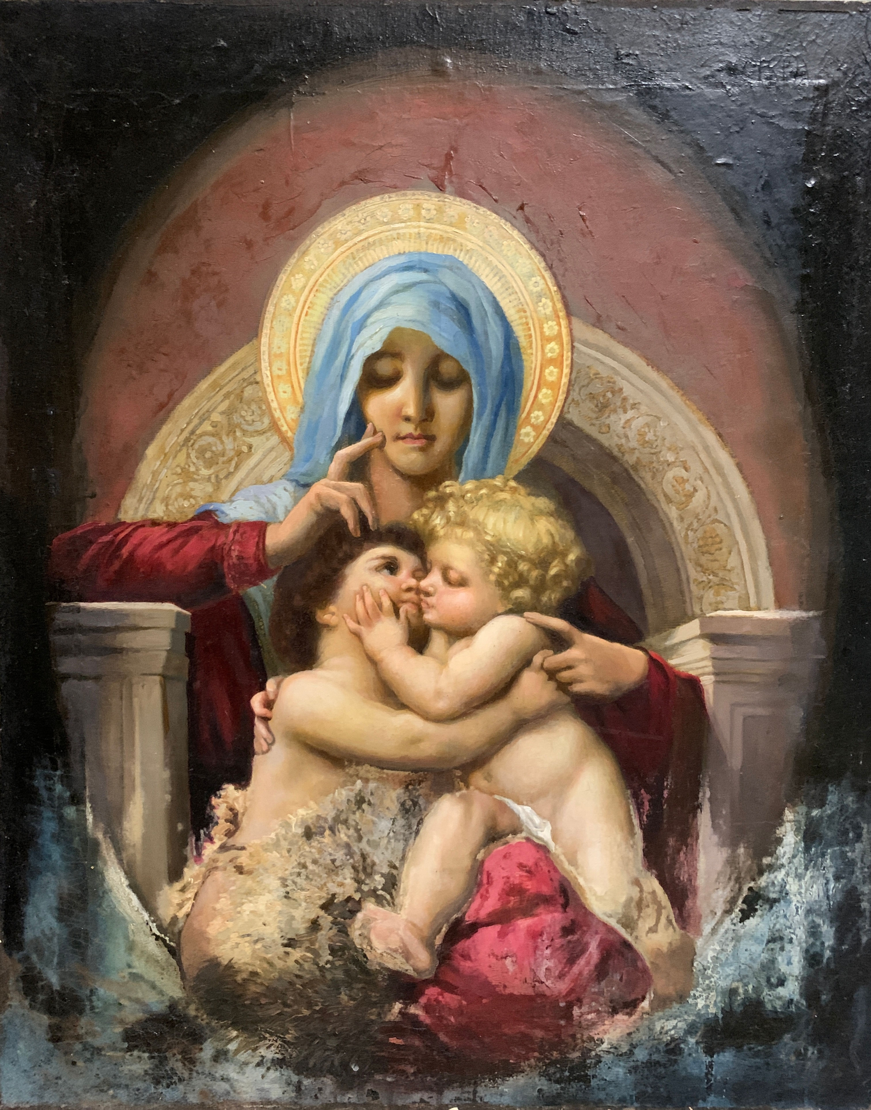 Painting of the Blessed Mother with Christ Child and young St. John the Baptist, Catholic devotional artwork for churches