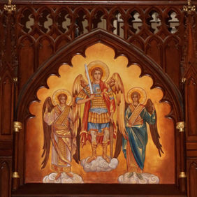 Byzantine-style mural of Archangel Michael at the Basilica of St. Patrick's Old Cathedral, NYC, NY, by Rohn Custom Studio.