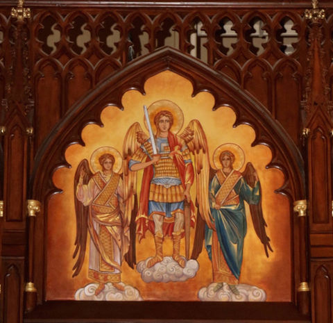 Byzantine-style mural of Archangel Michael at the Basilica of St. Patrick's Old Cathedral, NYC, NY, by Rohn Custom Studio.