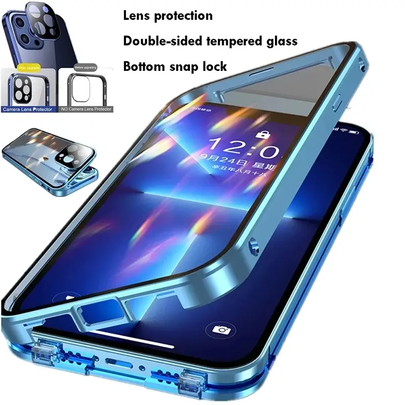 360°Full Protected Metal Magnetic Double-Sided Glass Snap Lock Phone Case For i